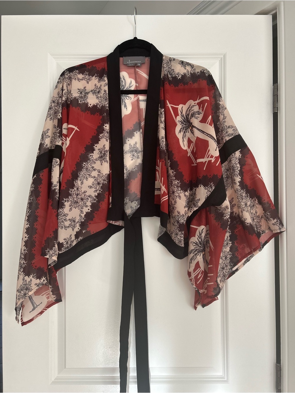 Anthropologie Red and Cream Floral Kimono Shrug with Black Trim